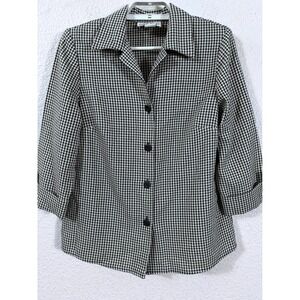 Dina Ariel Blouse Womens Medium‎ Ivory Black Vintage Y2K Gingham Plaid 3/4 Sleev
